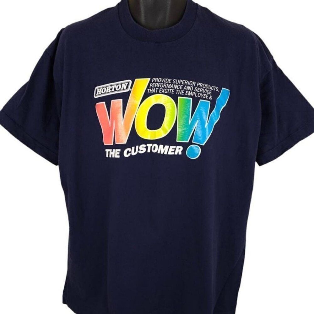 Vintage Horton T Shirt Mens Size 2XL Blue 90s Wow The Customer Made In USA